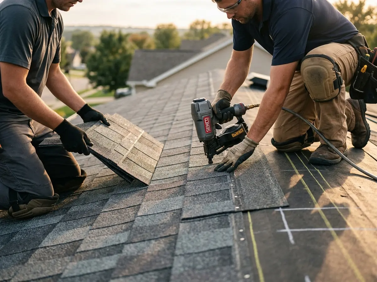 Professional roofer working on a residential roof in Taos